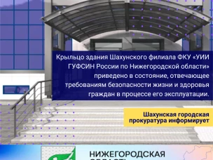 Крыльцо здания Шахунского филиала ФКУ «УИИ ГУФСИН России по Нижегородской области» приведено в состояние, отвечающее требованиям безопасности жизни и здоровья граждан в процессе его эксплуатации.