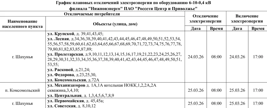 Шахунский РЭС информирует о плановых работах на объектах электросетевого хозяйства в период с 23.03.2026 по 27.03.2026 года.