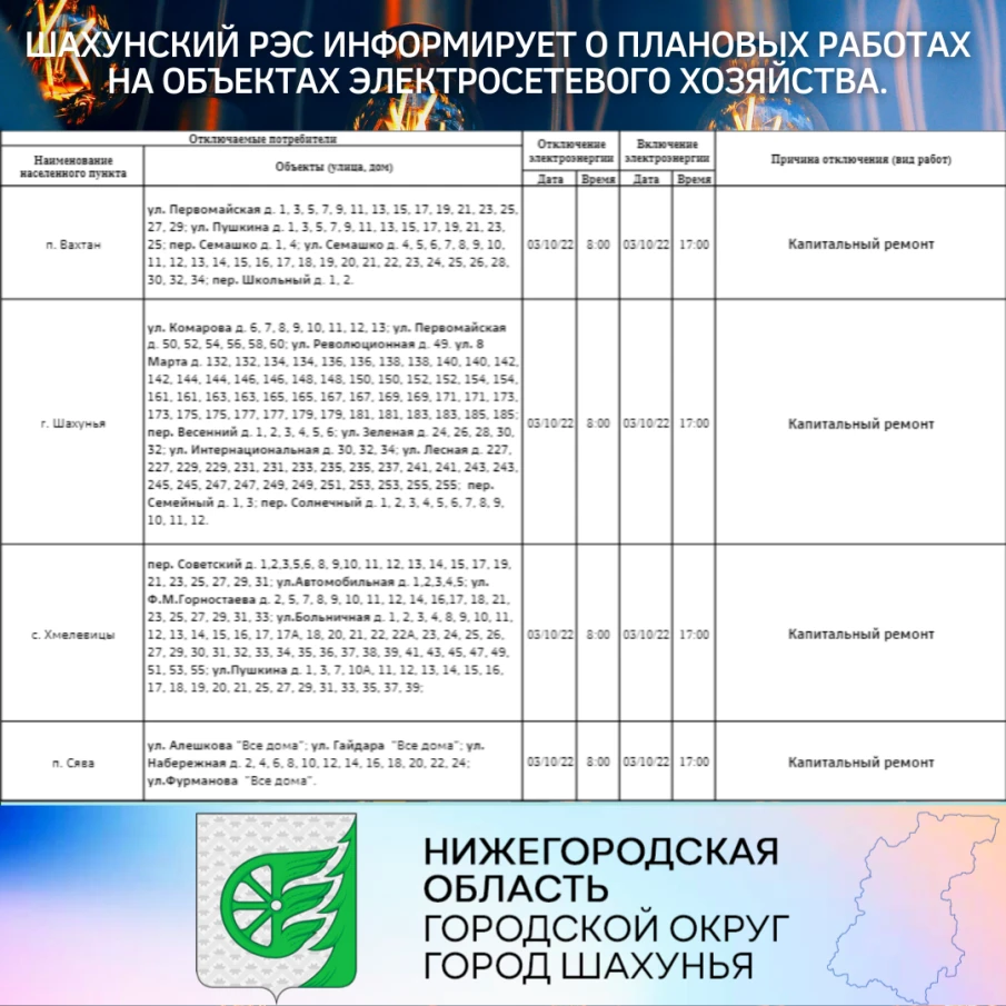 Шахунский РЭС информирует о плановых работах на объектах электросетевого хозяйства.