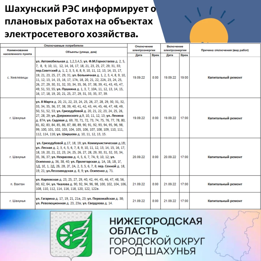 Шахунский РЭС информирует о плановых работах на объектах электросетевого хозяйства.
