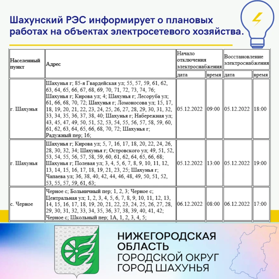 Шахунский РЭС информирует о плановых работах на объектах электросетевого хозяйства.